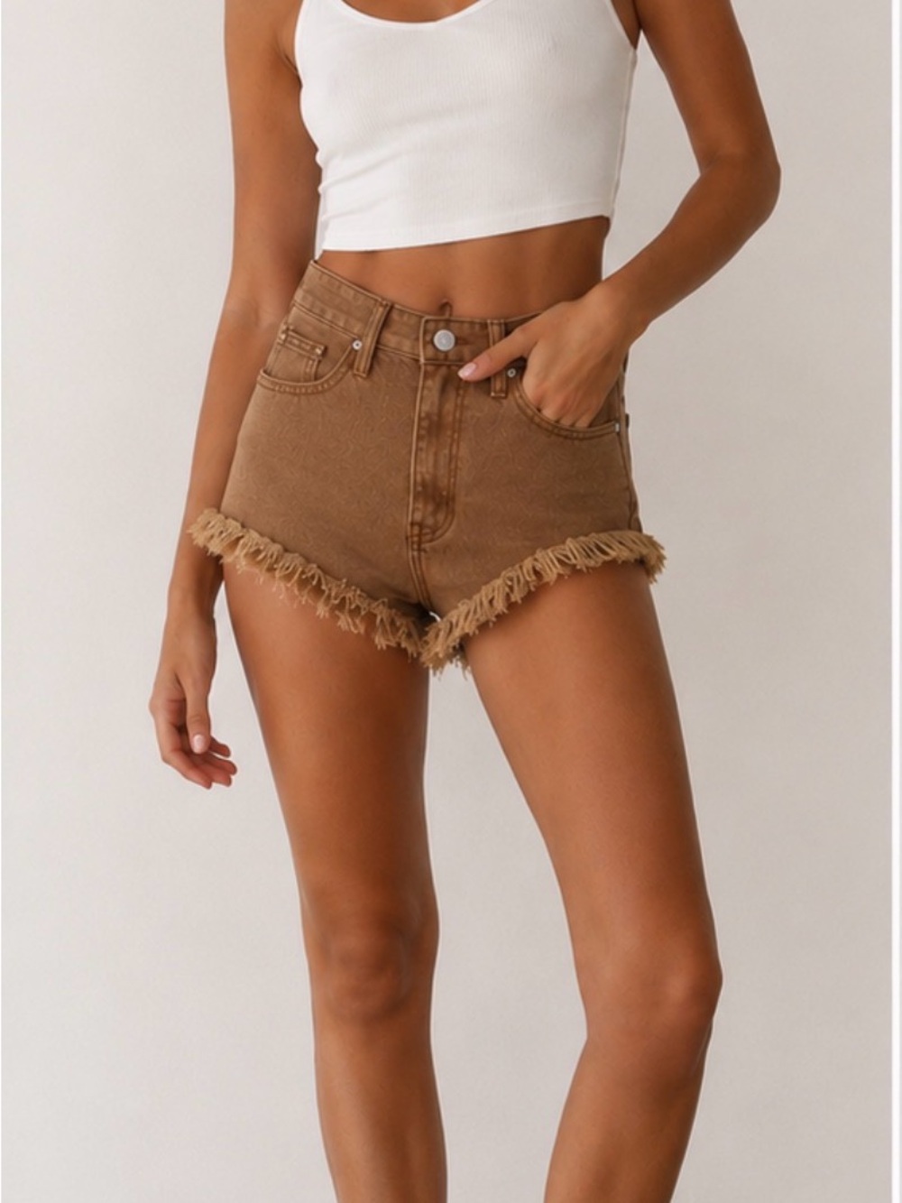 Simply Society High-Rise Frayed Hem Denim Shorts, mustard color, size 3/26